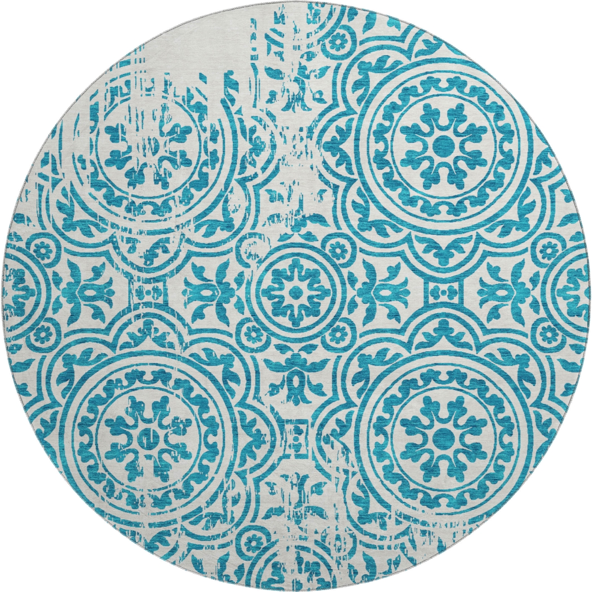 663722 8 ft. Teal & Ivory Medallion Transitional Washable Round Area Rug with UV Protection