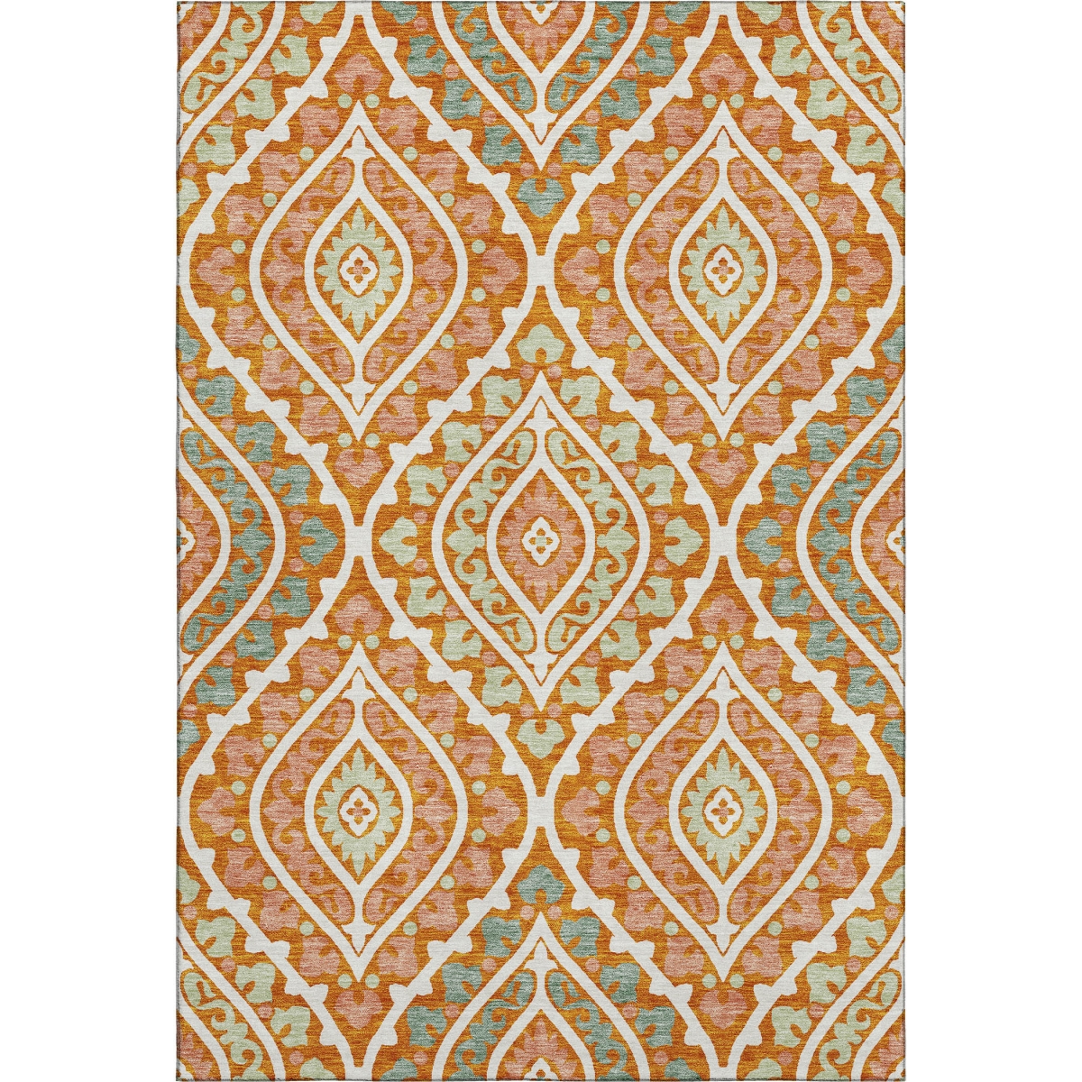 663908 5 x 8 ft. Orange Green & Ivory Diamond Washable Machine Made Rectangle Area Rug with UV Protection