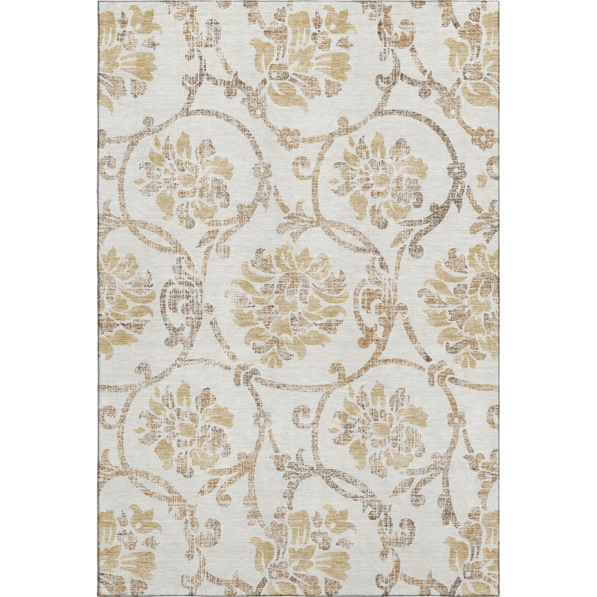 663976 8 x 10 ft. Ivory Beige & Gold Floral Washable Machine Made Rectangle Area Rug with UV Protection
