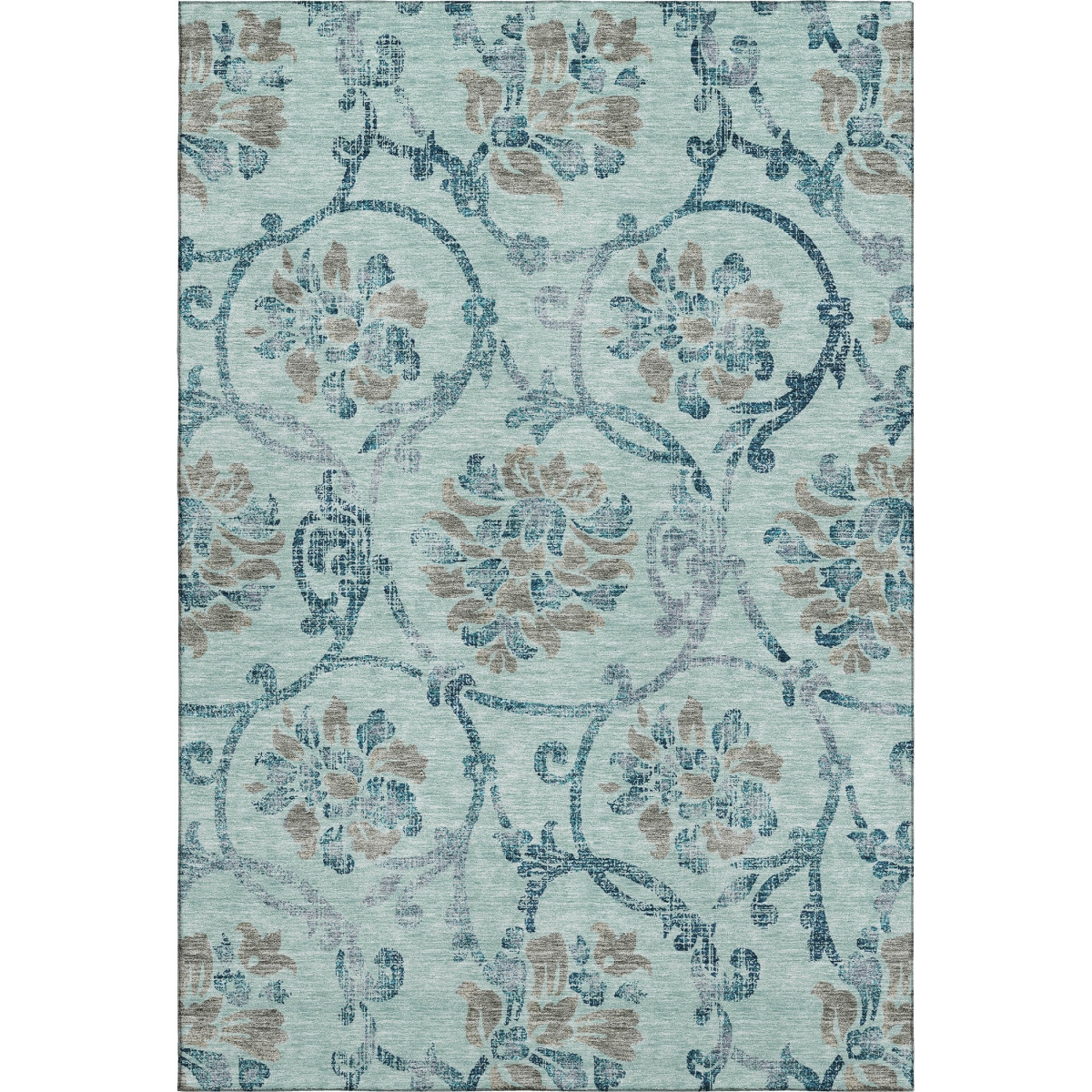 664008 10 x 14 ft. Teal & Gray Floral Traditional Washable Machine Made Rectangle Area Rug with UV Protection