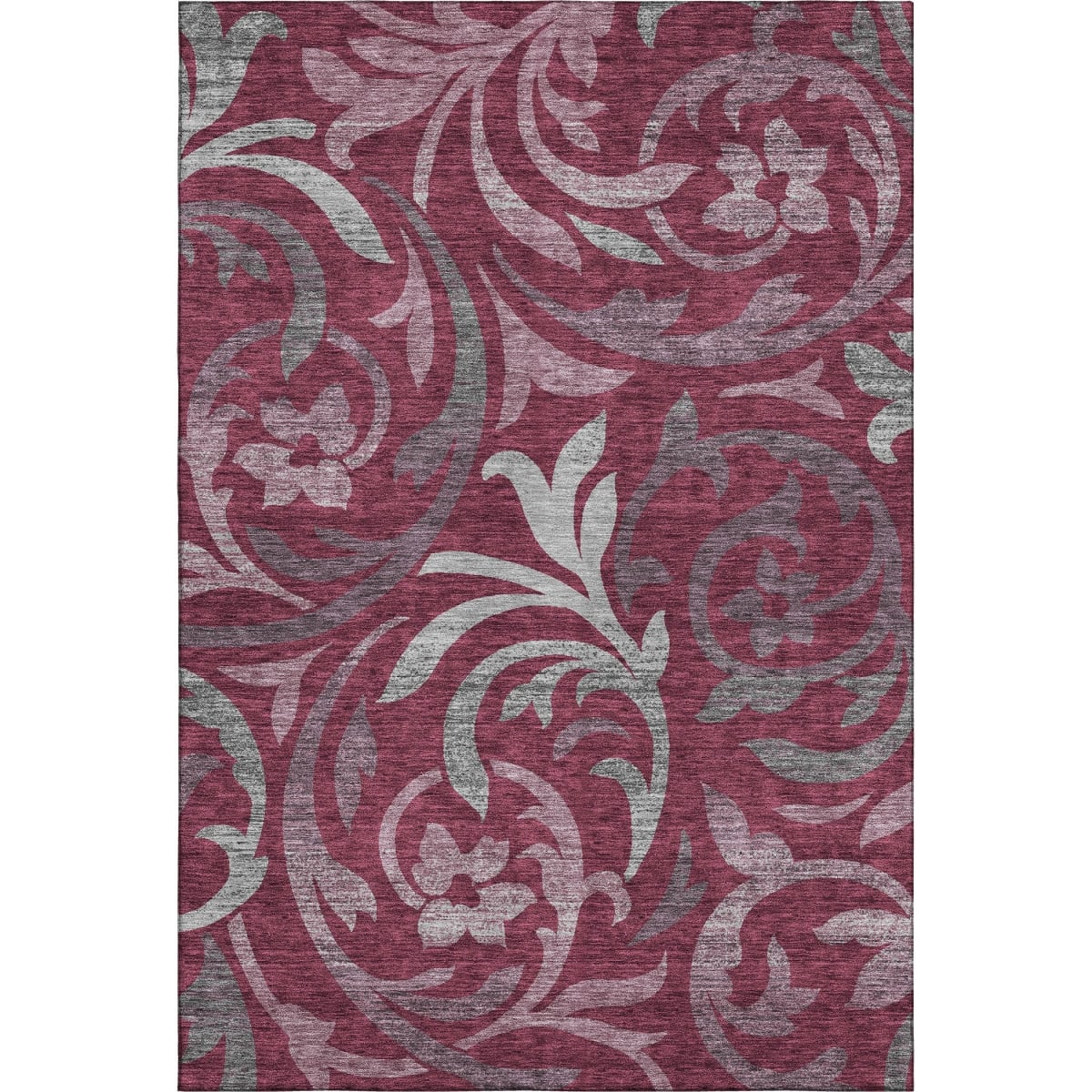 664115 9 x 12 ft. Burgundy Gray & Silver Floral Washable Machine Made Rectangle Area Rug with UV Protection