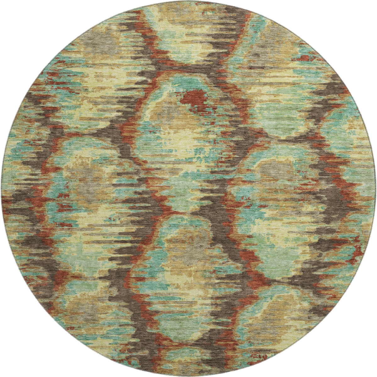 664347 8 ft. Brown Teal & Rust Diamond Washable Round Area Rug with UV Protection