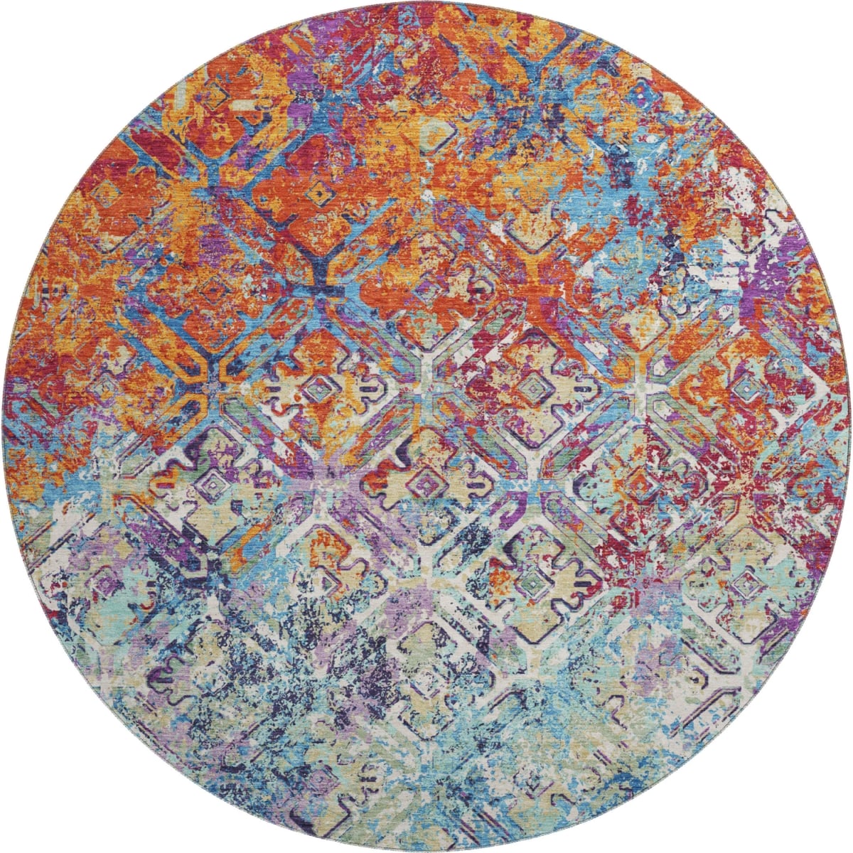 664407 8 ft. Copper Blue & Red Diamond Washable Round Area Rug with UV Protection