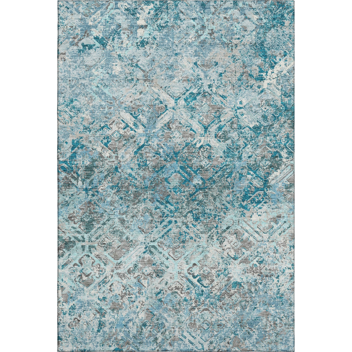 664448 5 x 8 ft. Teal, Gray & Ivory Diamond Washable Machine Made Rectangle Area Rug with UV Protection