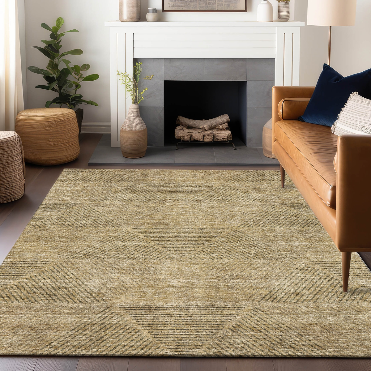 664900 10 x 14 ft. Wheat & Beige Geometric Transitional Washable Machine Made Rectangle Area Rug with UV Protection