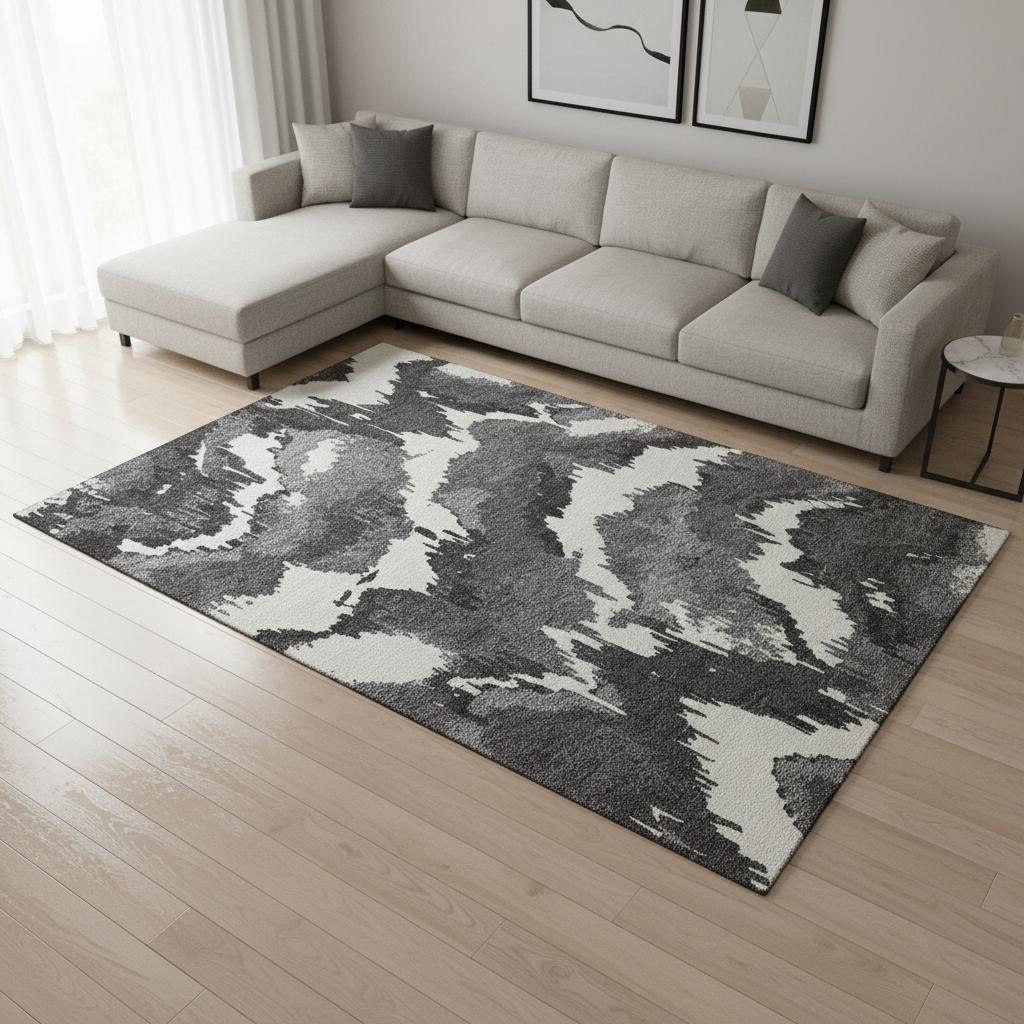 668625 8 x 10 ft. Black & Ivory Abstract Transitional Washable Machine Made Rectangle Area Rug with UV Protection