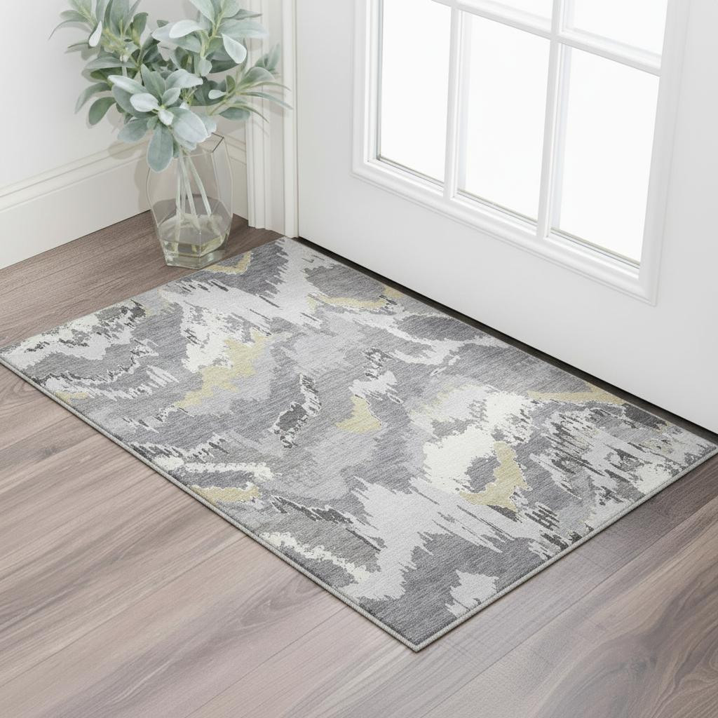 668652 3 x 5 ft. Gray Gold & Ivory Abstract Transitional Washable Machine Made Rectangle Area Rug with UV Protection