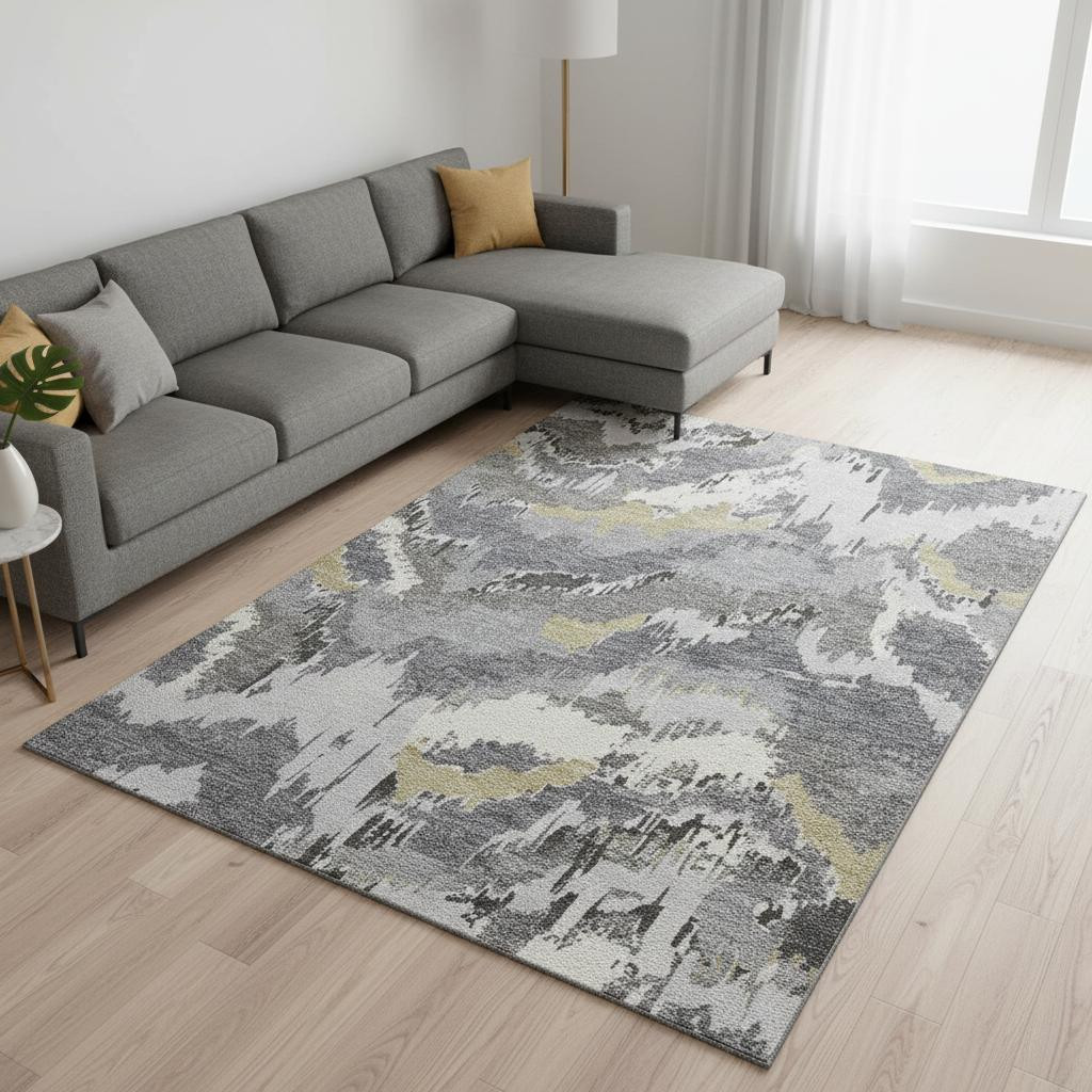 668655 8 x 10 ft. Gray Gold & Ivory Abstract Transitional Washable Machine Made Rectangle Area Rug with UV Protection