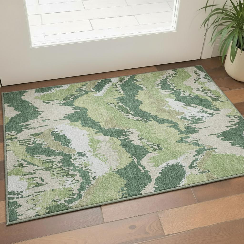 668658 3 x 5 ft. Green, Ivory & Beige Abstract Washable Machine Made Rectangle Area Rug with UV Protection