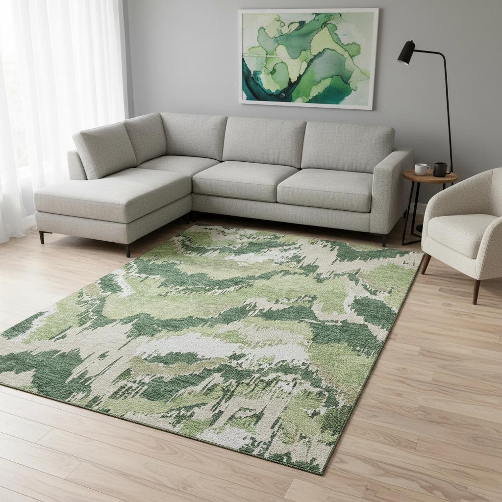668663 10 x 14 ft. Green, Ivory & Beige Abstract Washable Machine Made Rectangle Area Rug with UV Protection