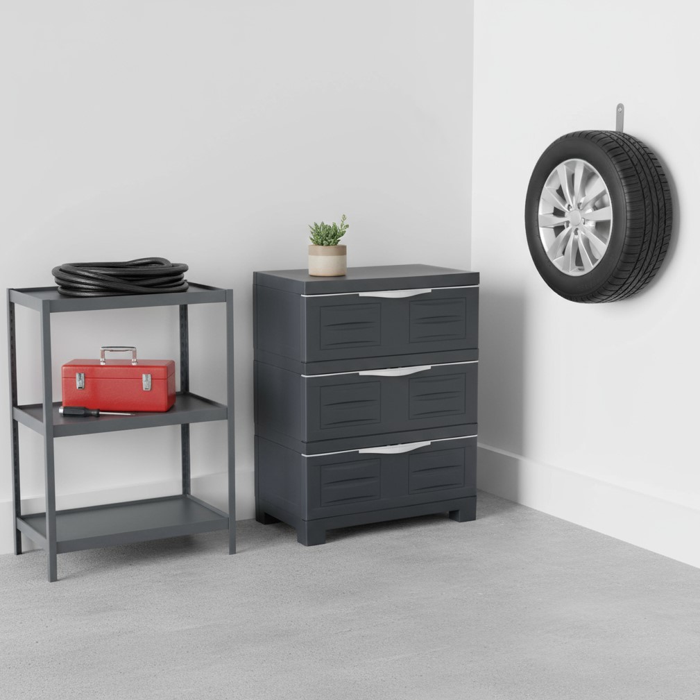 668938 30 in. Dark Gray Heavy Duty Plastic 3 Drawers Utility Cabinet