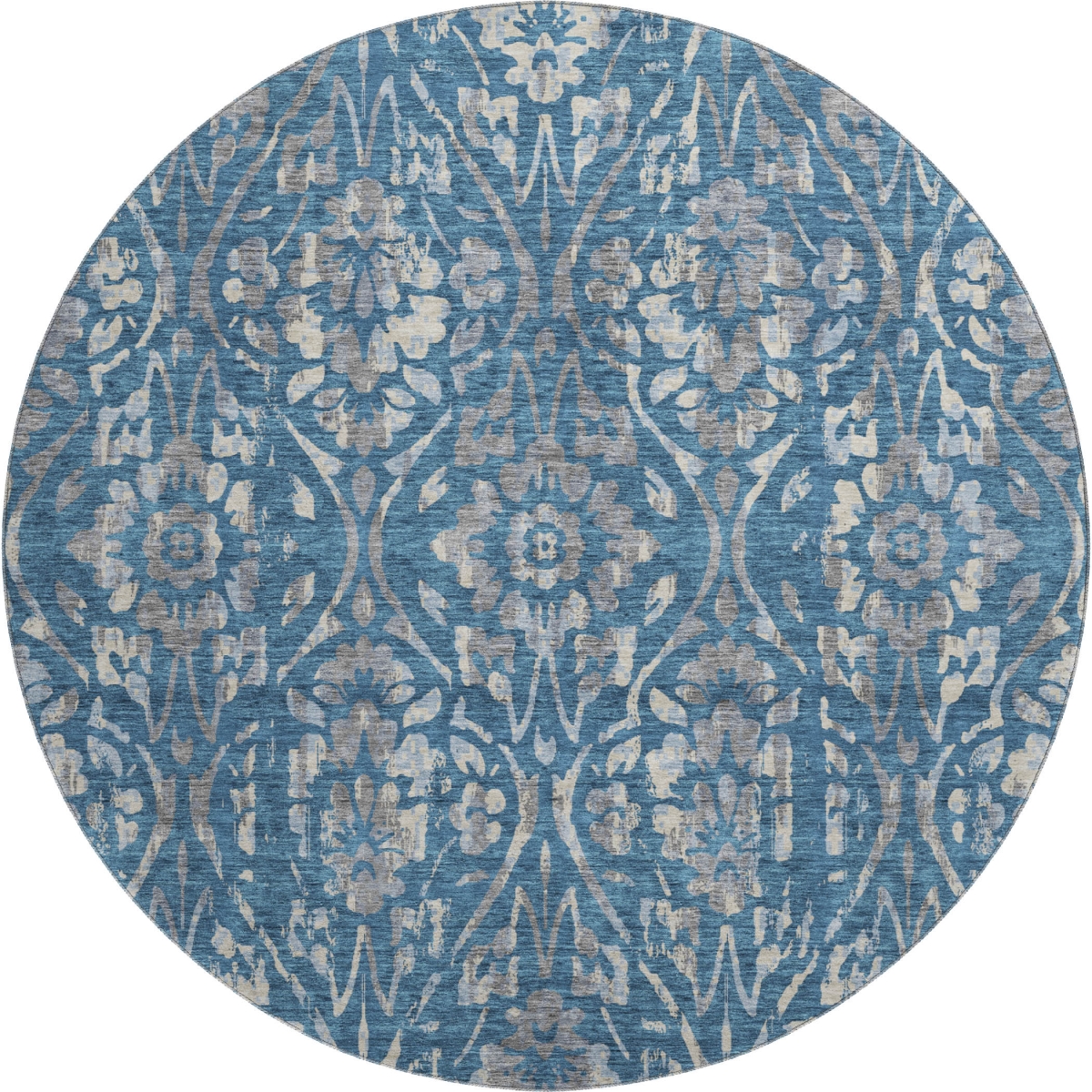 669033 8 ft. Blue & Gray Floral Transitional Washable Round Area Rug with UV Protection
