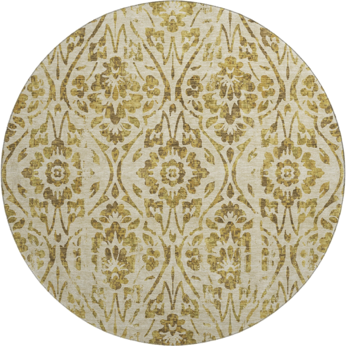 669045 8 ft. Gold & Beige Floral Transitional Washable Round Area Rug with UV Protection
