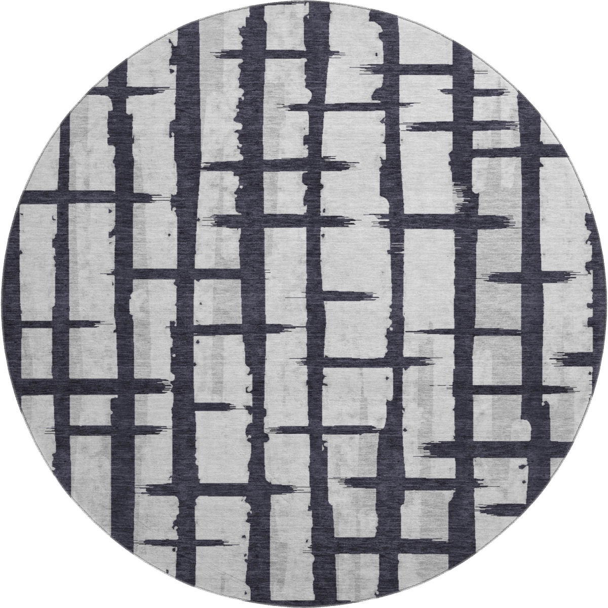 669345 8 ft. Black & Silver Striped Transitional Washable Round Area Rug with UV Protection