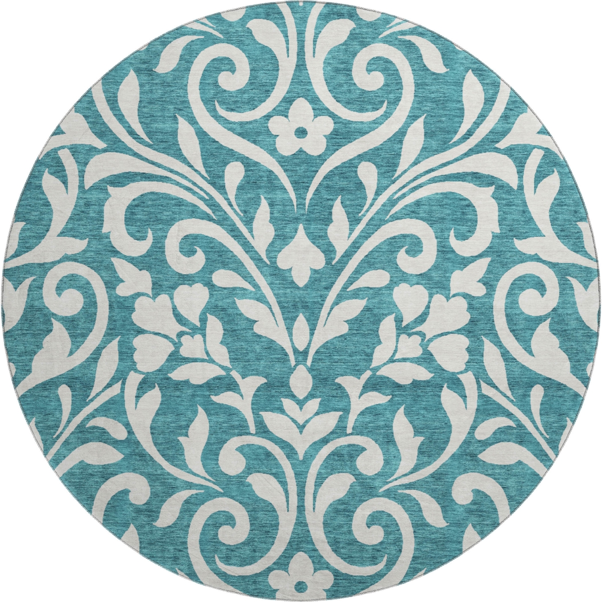 669663 8 ft. Teal & Ivory Floral Transitional Washable Round Area Rug with UV Protection