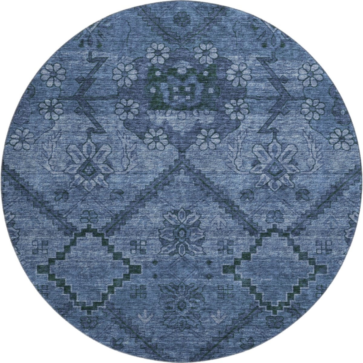 667243 8 ft. Navy Blue & Gray Floral Washable Round Area Rug with UV Protection