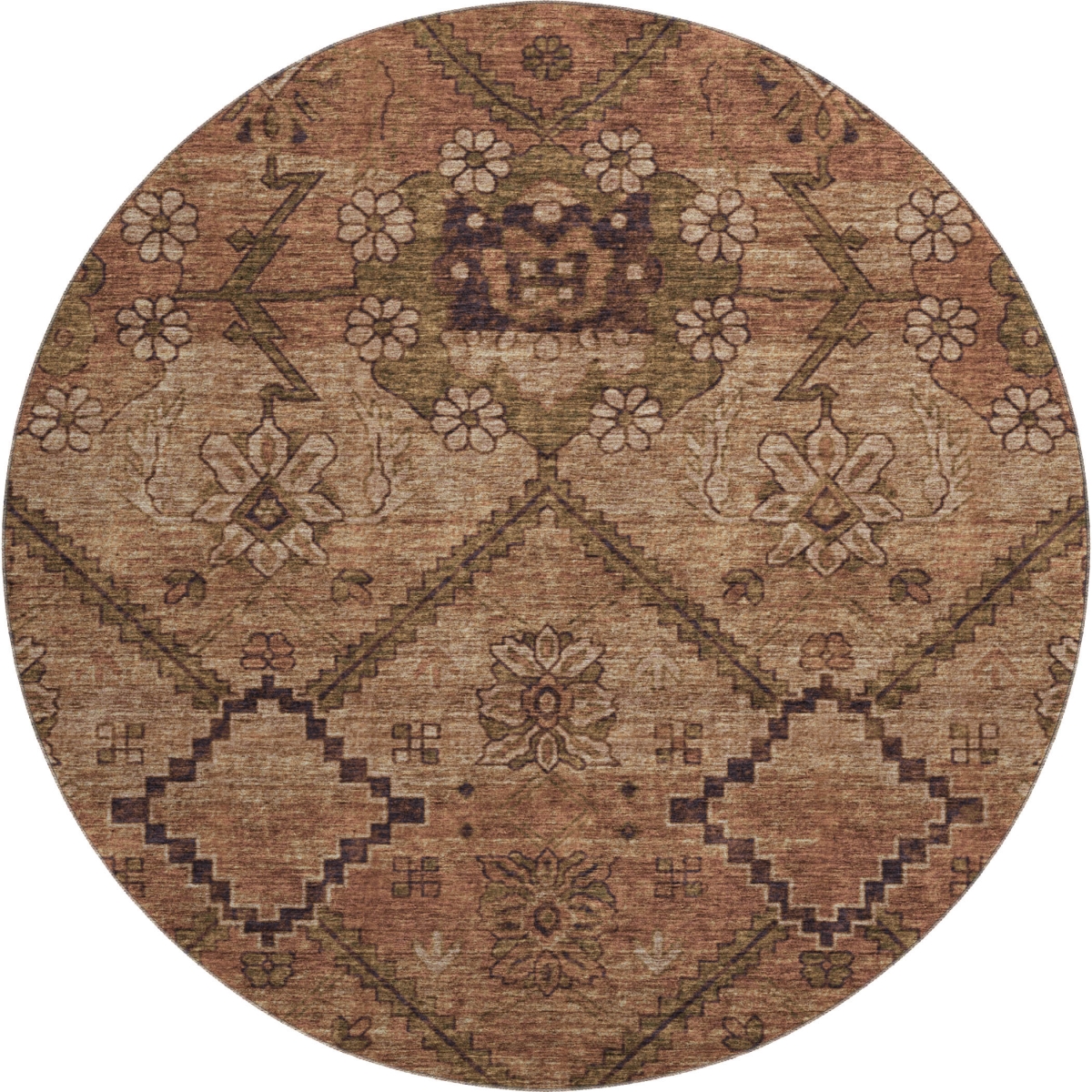667255 8 ft. Rust & Copper Floral Washable Round Area Rug with UV Protection