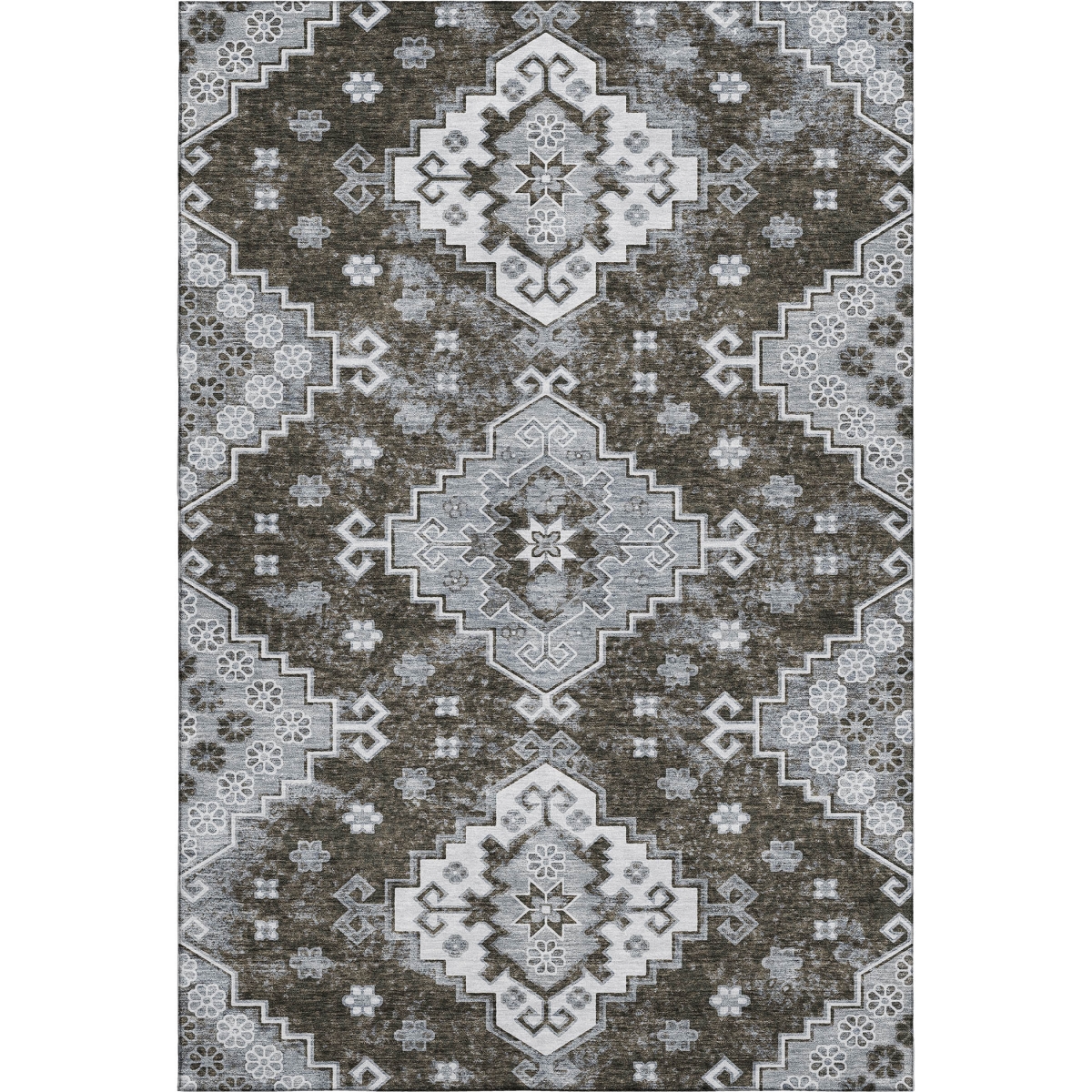 667370 8 x 10 ft. Chocolate, Gray & Ivory Medallion Washable Machine Made Rectangle Area Rug with UV Protection
