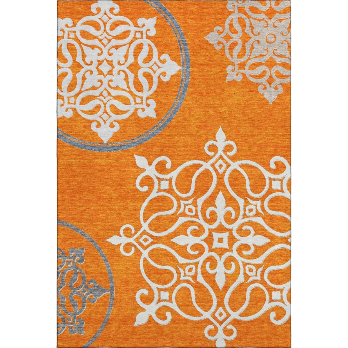669546 10 x 14 ft. Orange Ivory & Gray Floral Medallion Washable Machine Made Rectangle Area Rug with UV Protection