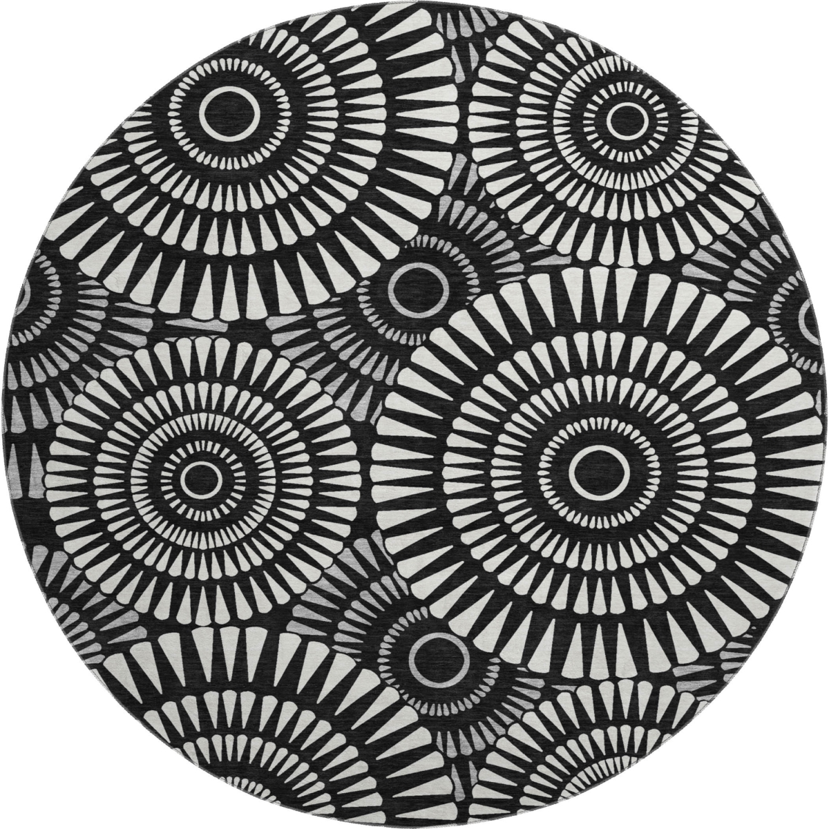 669754 8 ft. Black & Ivory Geometric Transitional Washable Round Area Rug with UV Protection