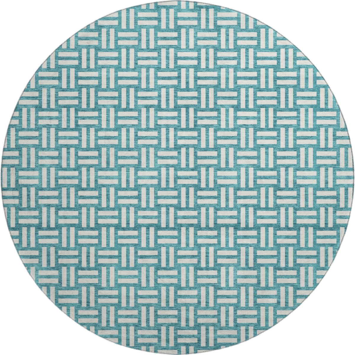 673588 8 ft. Teal & Ivory Abstract Geometric Transitional Washable Round Area Rug with UV Protection