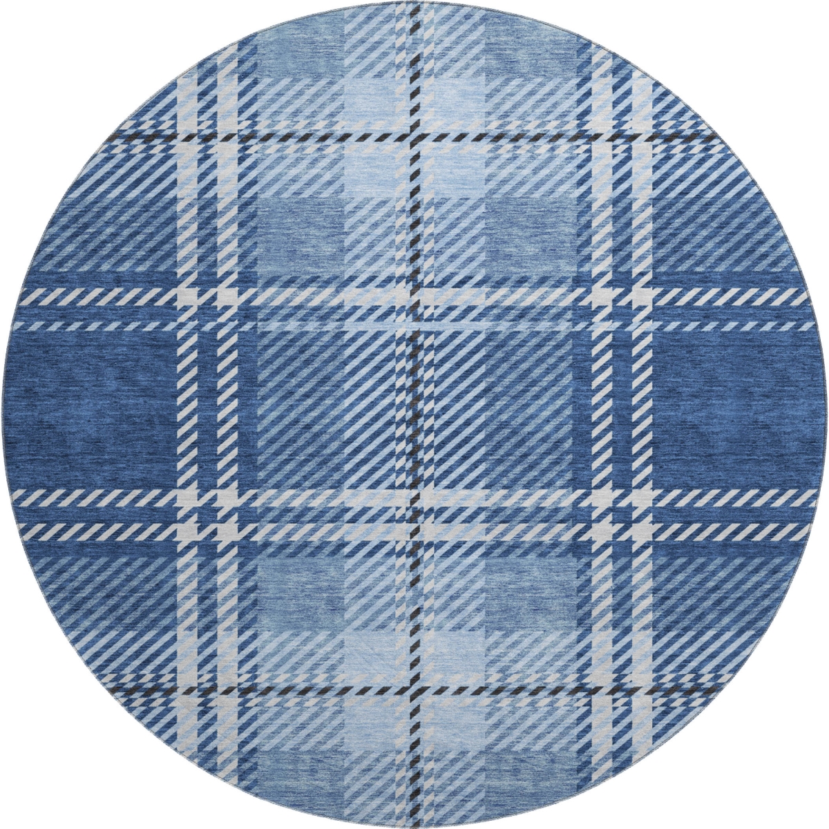 674326 8 ft. Navy Blue & Ivory Plaid Transitional Washable Round Area Rug with UV Protection