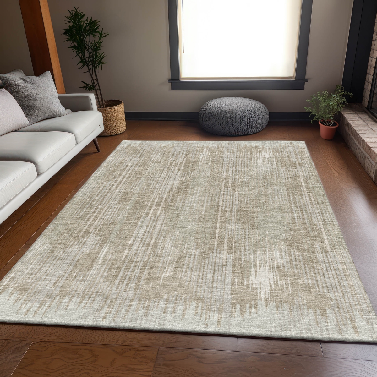 670990 5 x 8 ft. Beige & Taupe Striped Transitional Washable Machine Made Rectangle Area Rug with UV Protection