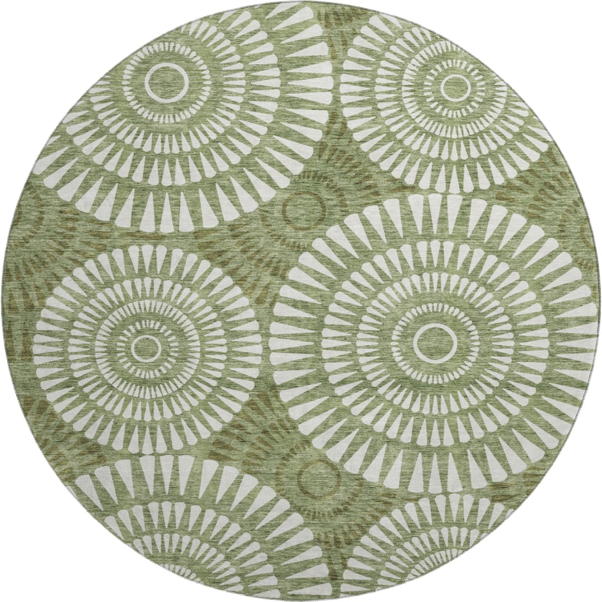 669790 8 ft. Green & Ivory Geometric Transitional Washable Round Area Rug with UV Protection