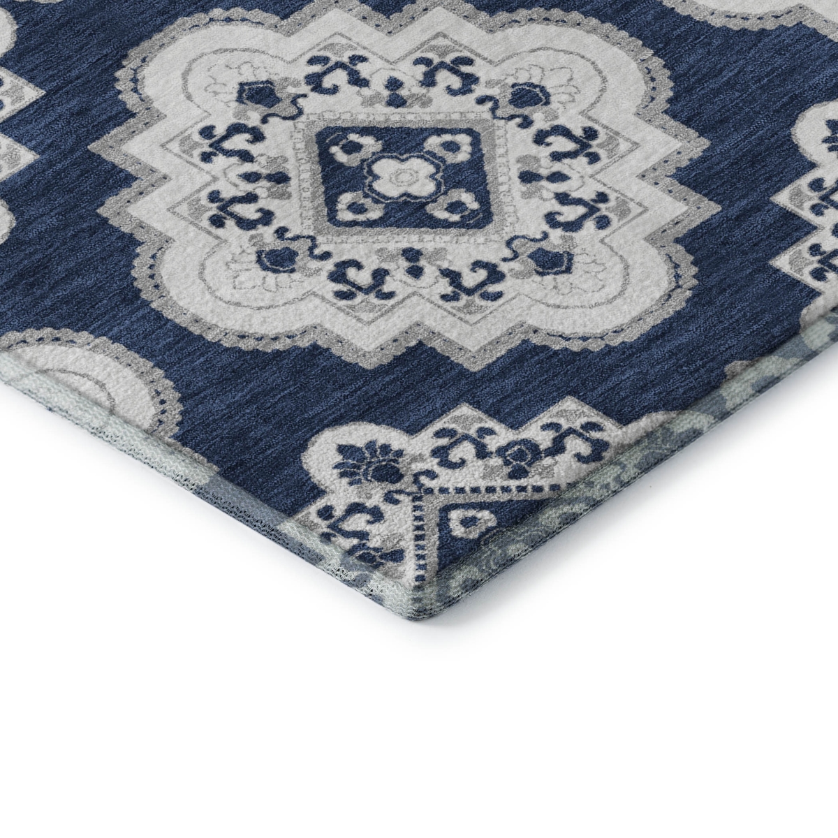 669879 5 x 8 ft. Navy Blue & Ivory Medallion Transitional Washable Machine Made Rectangle Area Rug with UV Protection