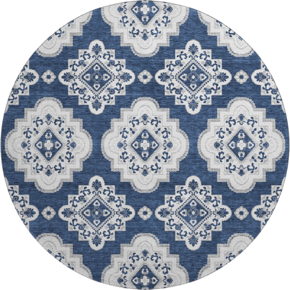 669880 8 ft. Navy Blue & Ivory Medallion Transitional Washable Round Area Rug with UV Protection