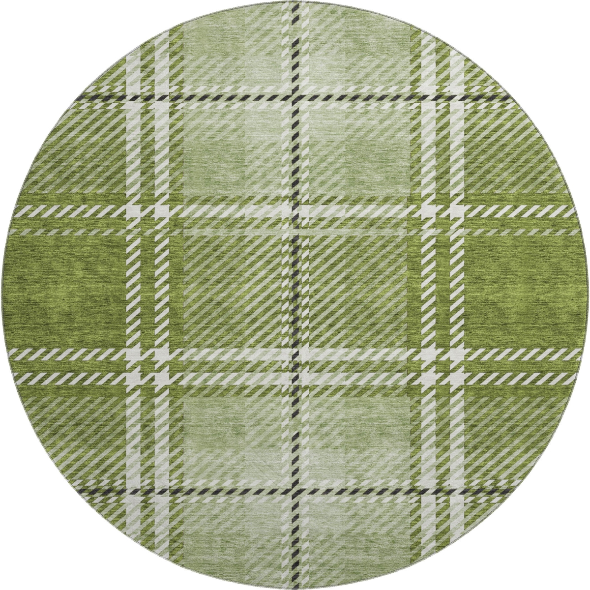 674320 8 ft. Green & Ivory Plaid Transitional Washable Round Area Rug with UV Protection