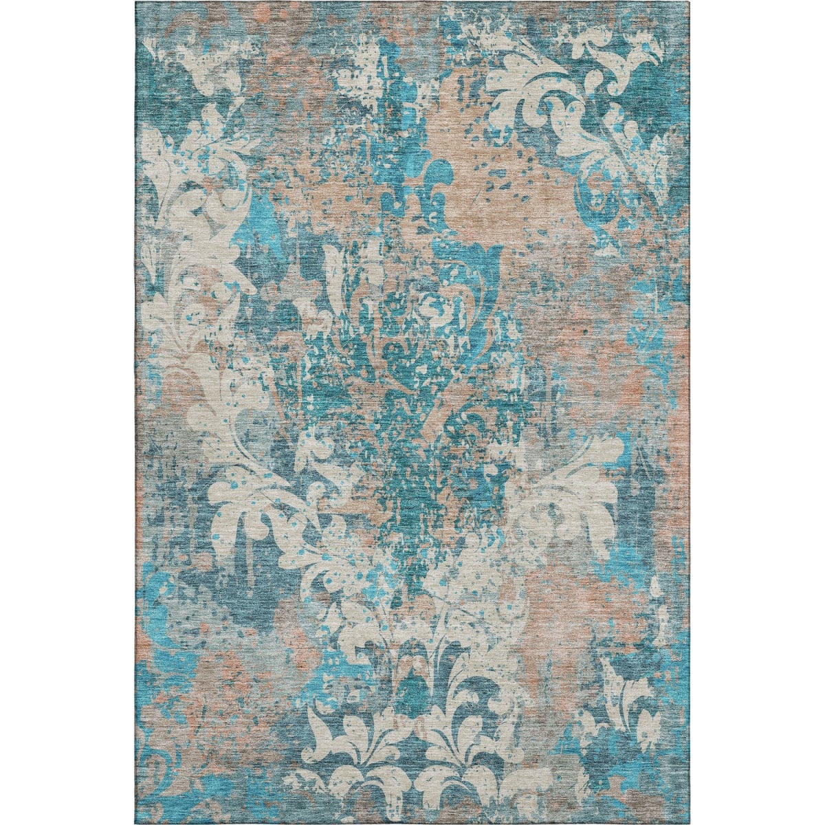 674383 10 x 14 ft. Teal Beige & Taupe Damask Washable Machine Made Rectangle Area Rug with UV Protection