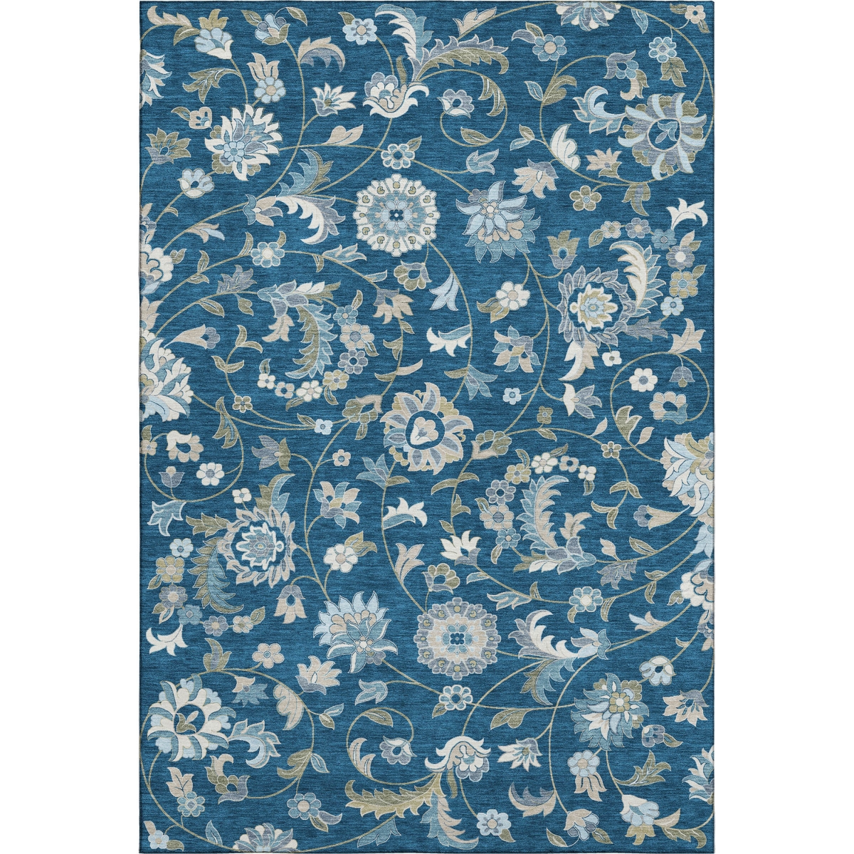 678992 8 x 10 ft. Navy Blue, Ivory & Beige Floral Washable Machine Made Rectangle Area Rug with UV Protection