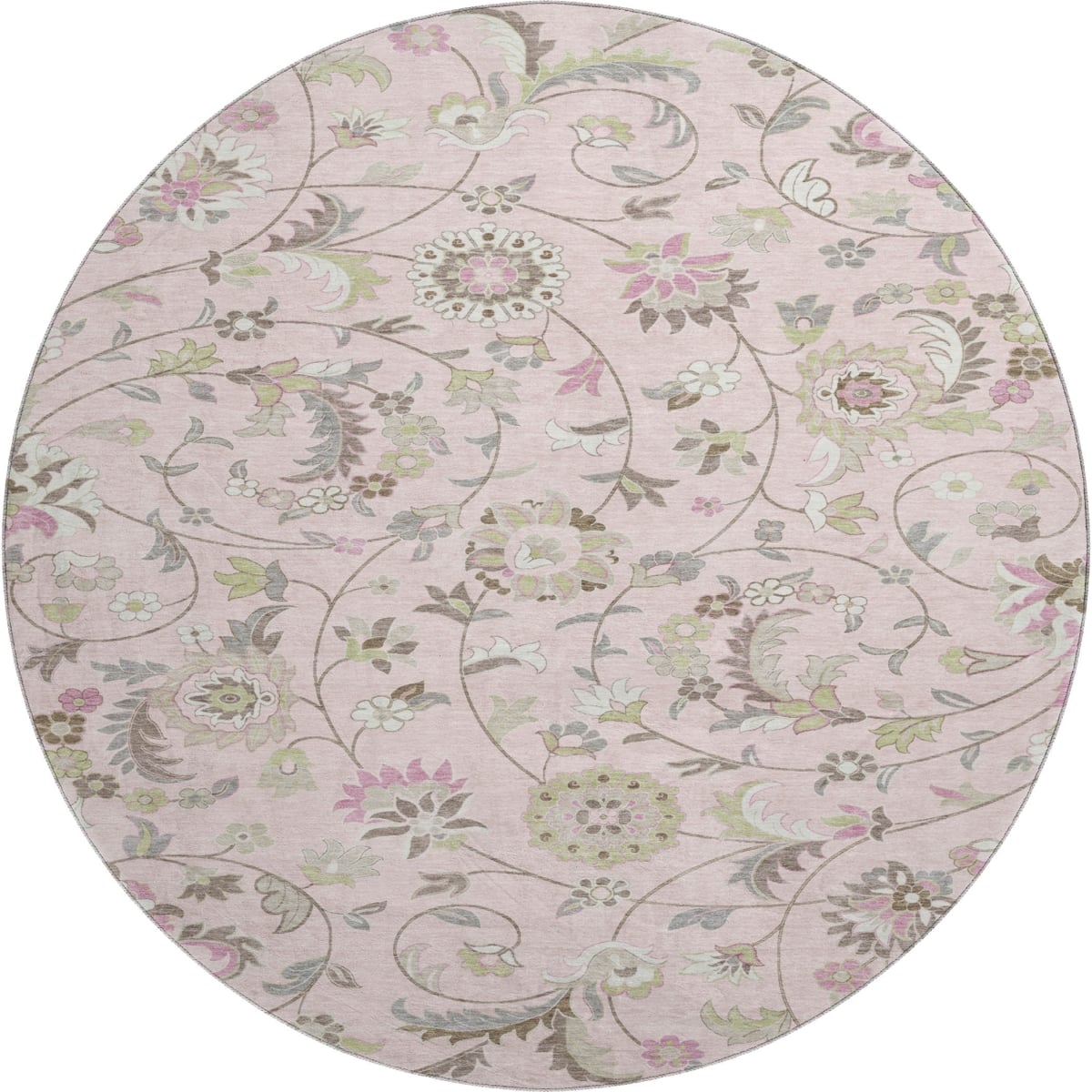 678997 8 ft. Pink, Ivory & Gray Floral Transitional Washable Round Area Rug with UV Protection