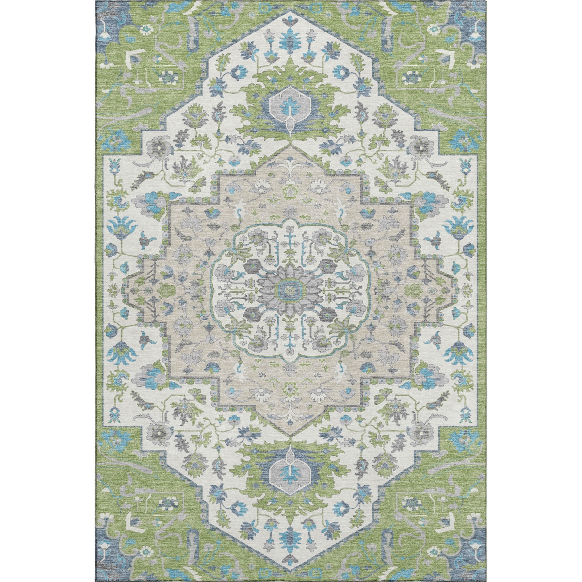 677737 5 x 8 ft. Artichoke Green, Ivory & Blue Oriental Washable Machine Made Rectangle Area Rug with UV Protection