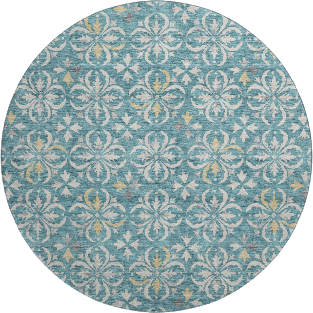 673972 8 ft. Teal & Ivory Floral Transitional Washable Round Area Rug with UV Protection