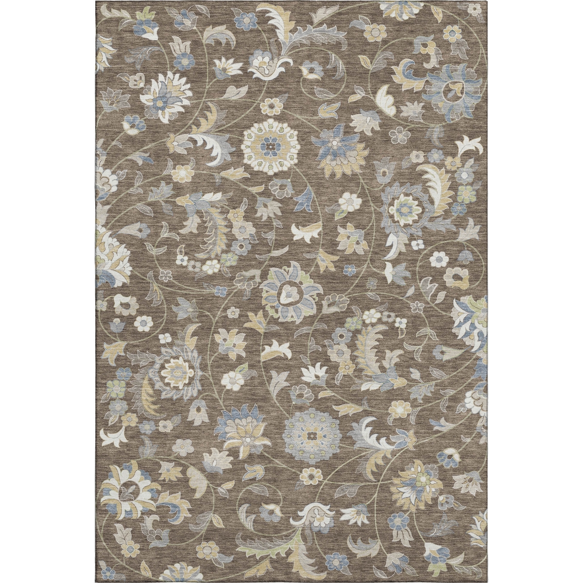 678968 8 x 10 ft. Chocolate, Blue & Beige Floral Washable Machine Made Rectangle Area Rug with UV Protection