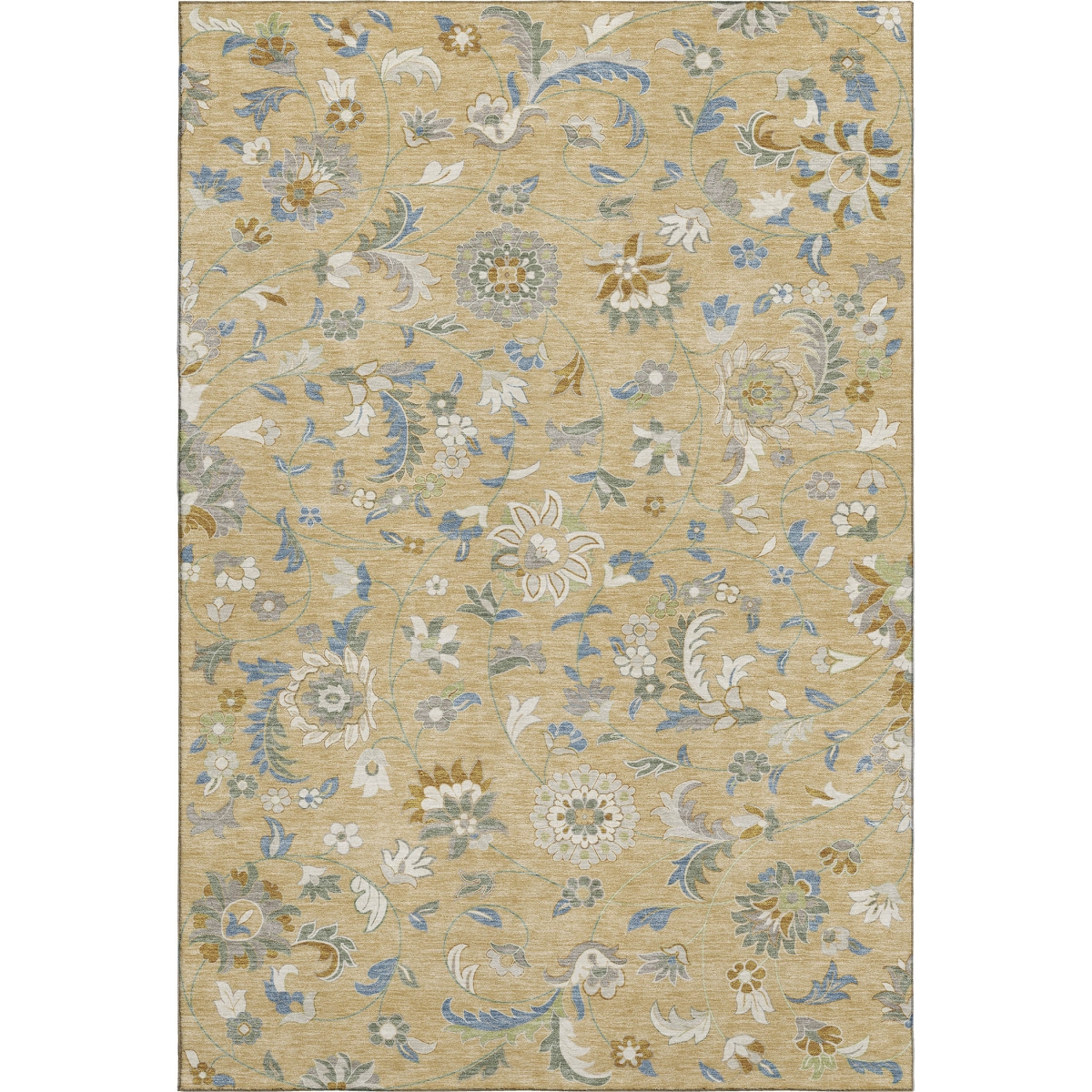 679014 5 x 8 ft. Wheat Blue & Beige Floral Washable Machine Made Rectangle Area Rug with UV Protection