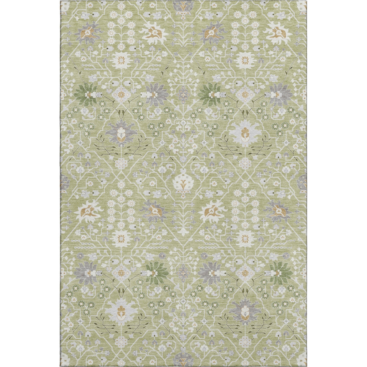 679170 5 x 8 ft. Artichoke Green, Gray & Ivory Oriental Washable Machine Made Rectangle Area Rug with UV Protection