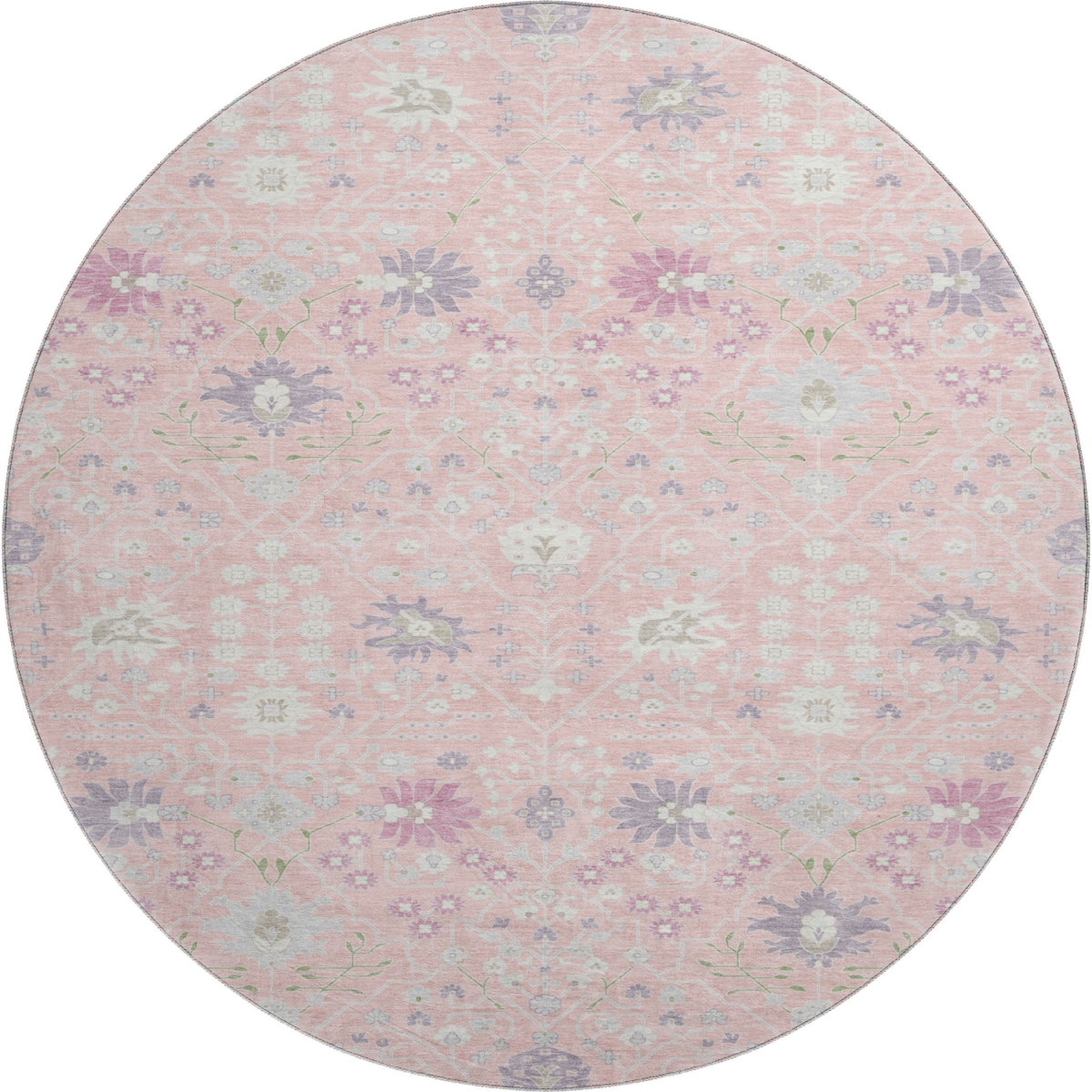 679225 8 ft. Pink Silver & Lavender Oriental Washable Round Area Rug with UV Protection