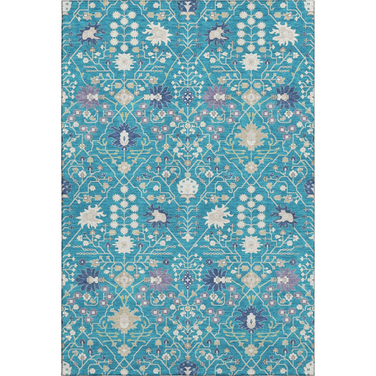 679236 5 x 8 ft. Teal Purple & Ivory Oriental Washable Machine Made Rectangle Area Rug with UV Protection
