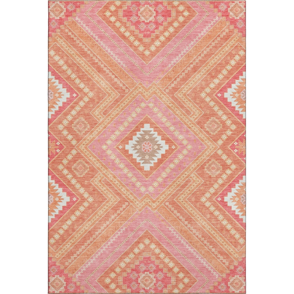 679272 5 x 8 ft. Coral Pink & Ivory Tribal Washable Machine Made Rectangle Area Rug with UV Protection