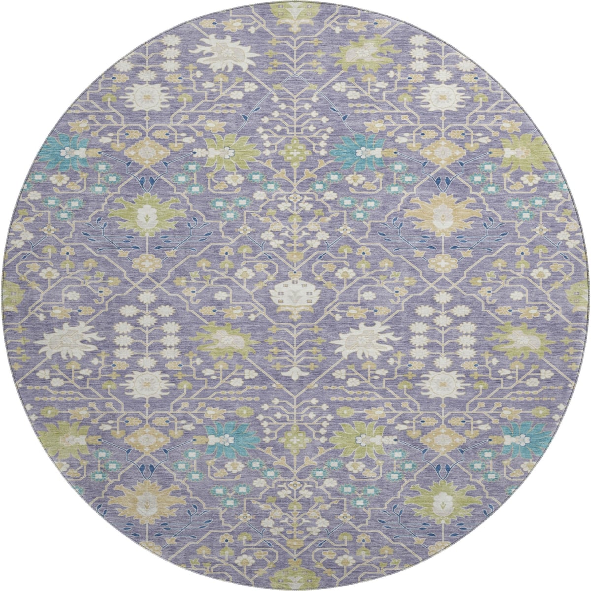 679219 8 ft. Lavender Beige & Blue Oriental Washable Round Area Rug with UV Protection