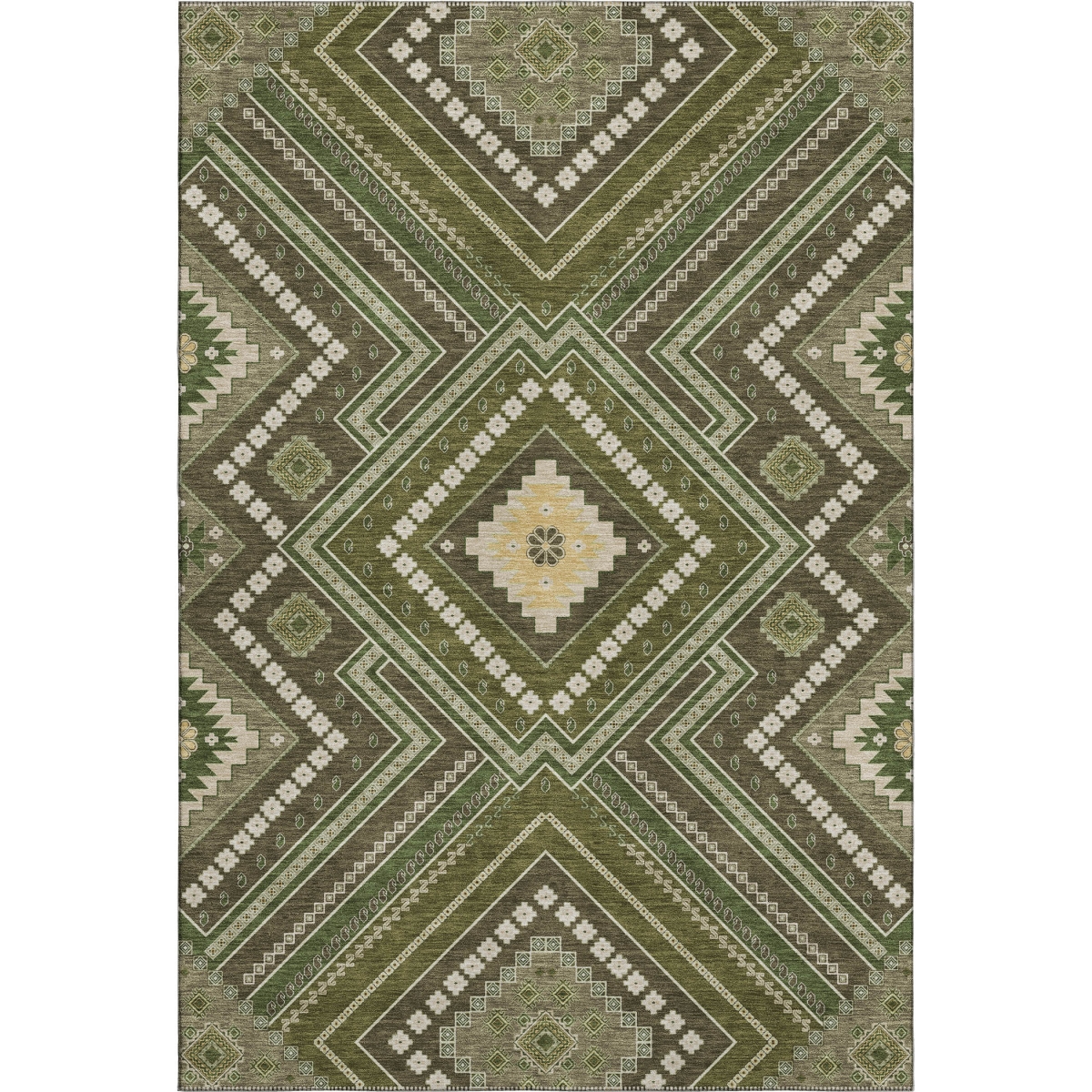 679305 9 x 12 ft. Olive Green, Ivory & Brown Tribal Washable Machine Made Rectangle Area Rug with UV Protection