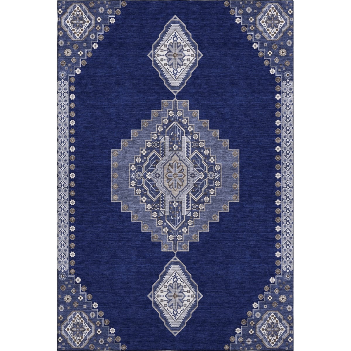 679588 10 x 14 ft. Navy Blue, Ivory & Gray Oriental Traditional Washable Machine Made Rectangle Area Rug with UV Protection
