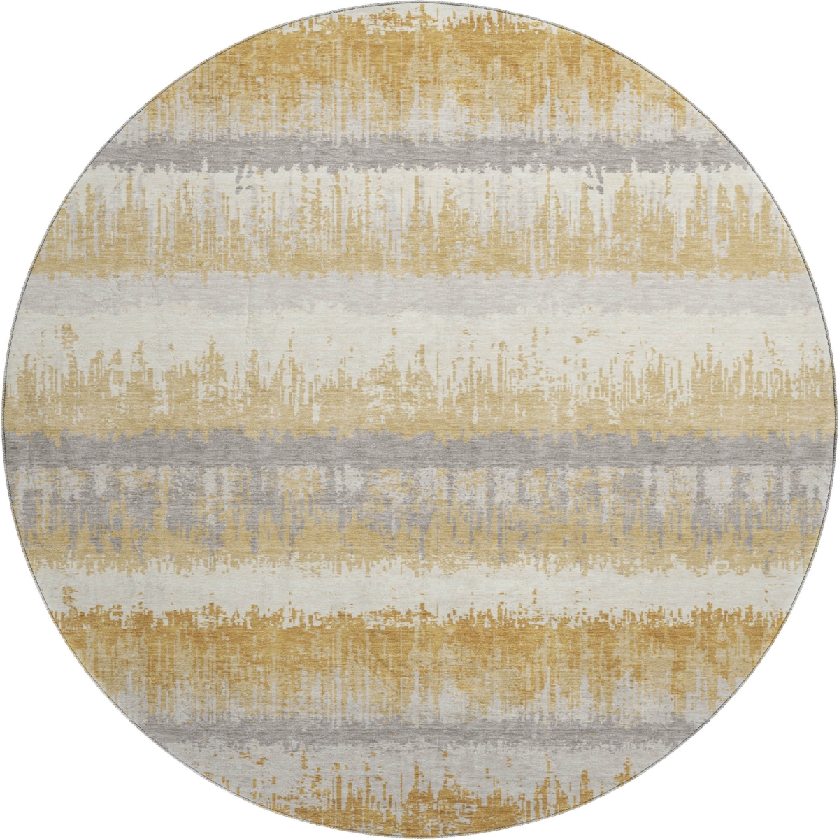 679507 8 ft. Gold Gray & Ivory Striped Transitional Washable Round Area Rug with UV Protection