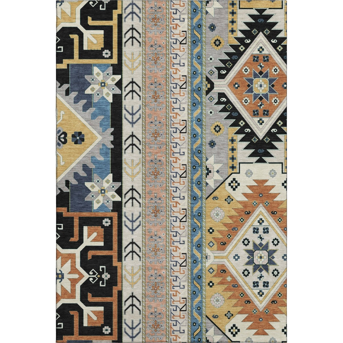 679617 9 x 12 ft. Black Copper & Gold Southwestern Washable Machine Made Rectangle Area Rug with UV Protection