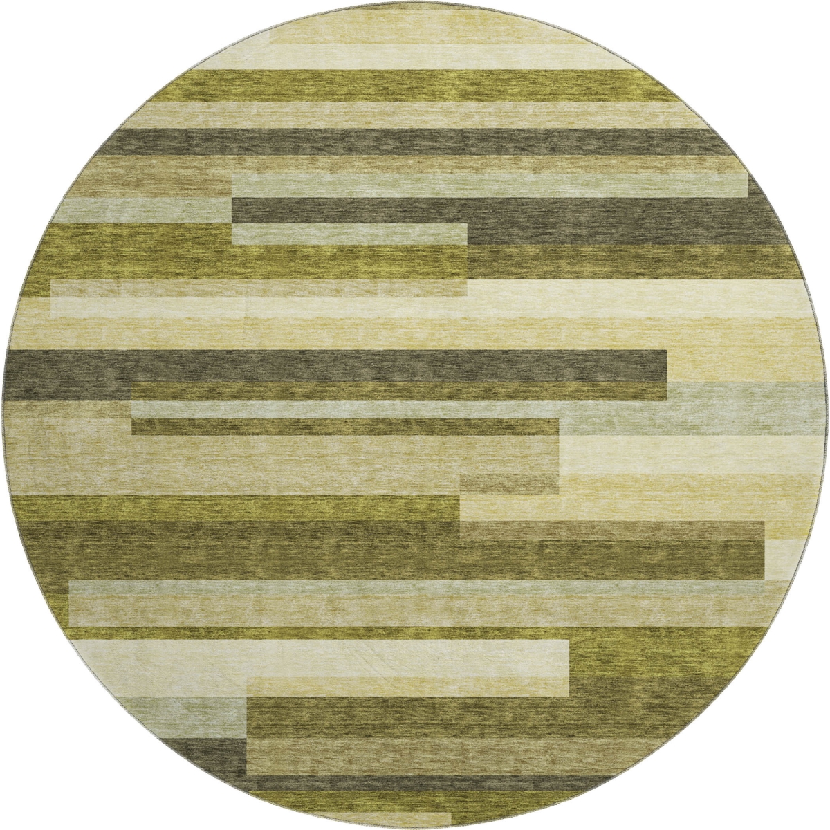 675801 8 ft. Olive Green, Ivory & Beige Striped Washable Round Area Rug with UV Protection