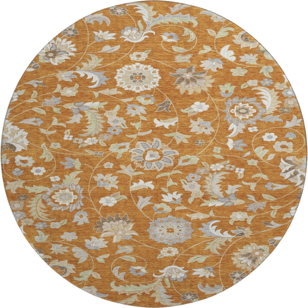 679003 8 ft. Rust Gray & Beige Floral Transitional Washable Round Area Rug with UV Protection