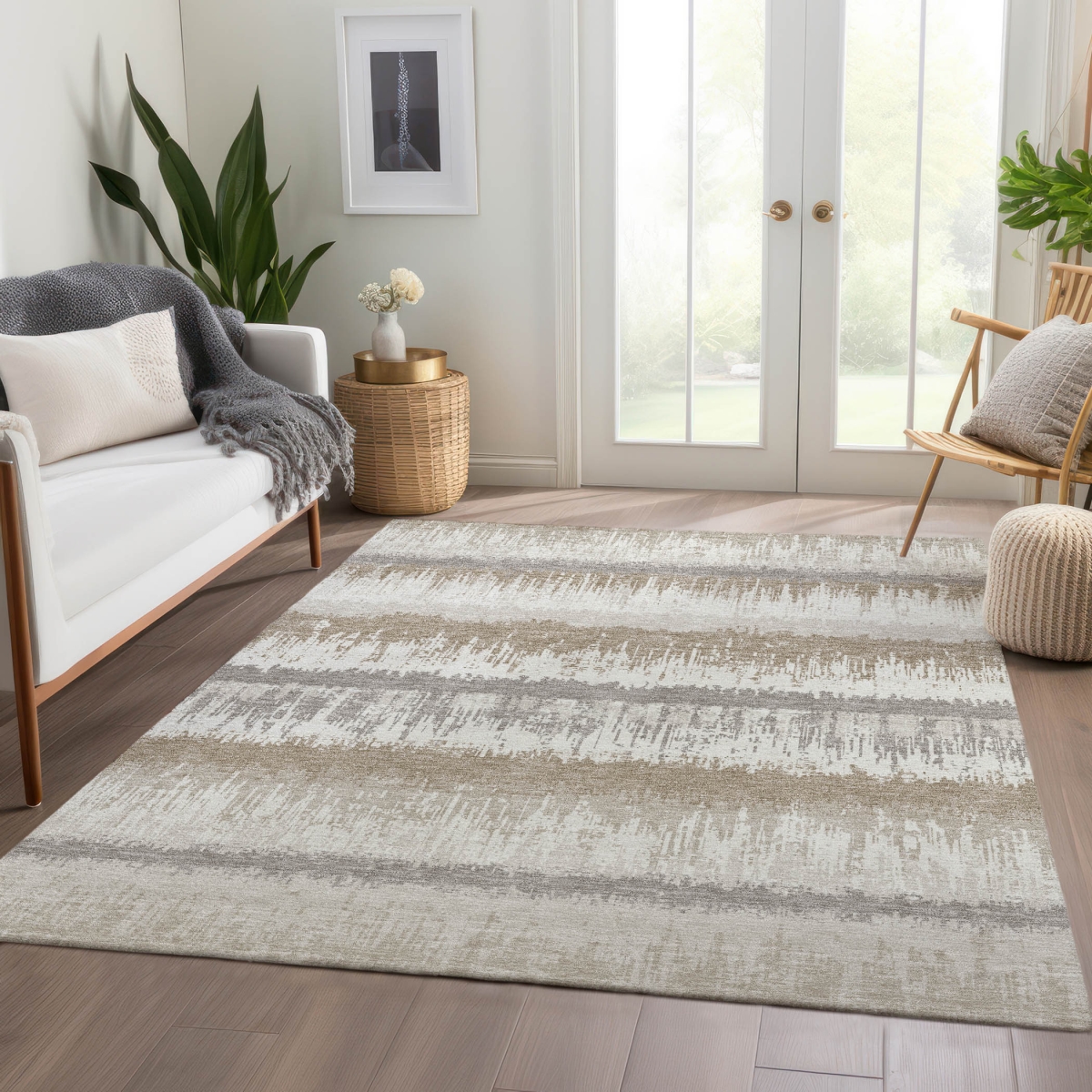 679522 10 x 14 ft. Ivory Beige & Gray Striped Washable Machine Made Rectangle Area Rug with UV Protection